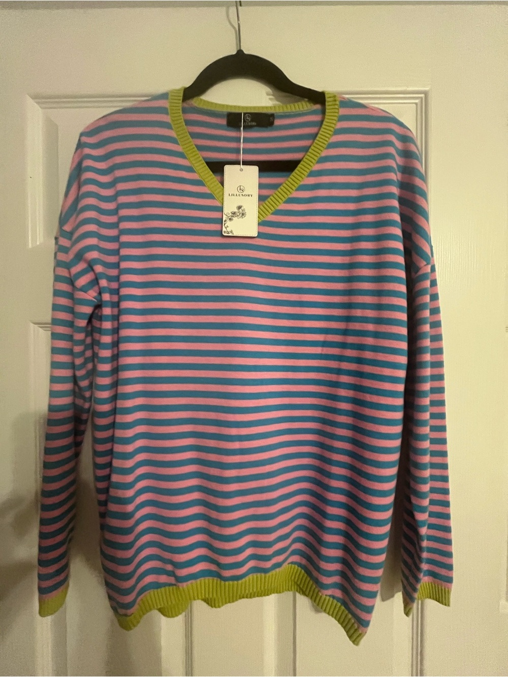 NWT Sz M Lillusory Pink & Blue Striped V-Neck Summer Sweater w/ Lime Detail